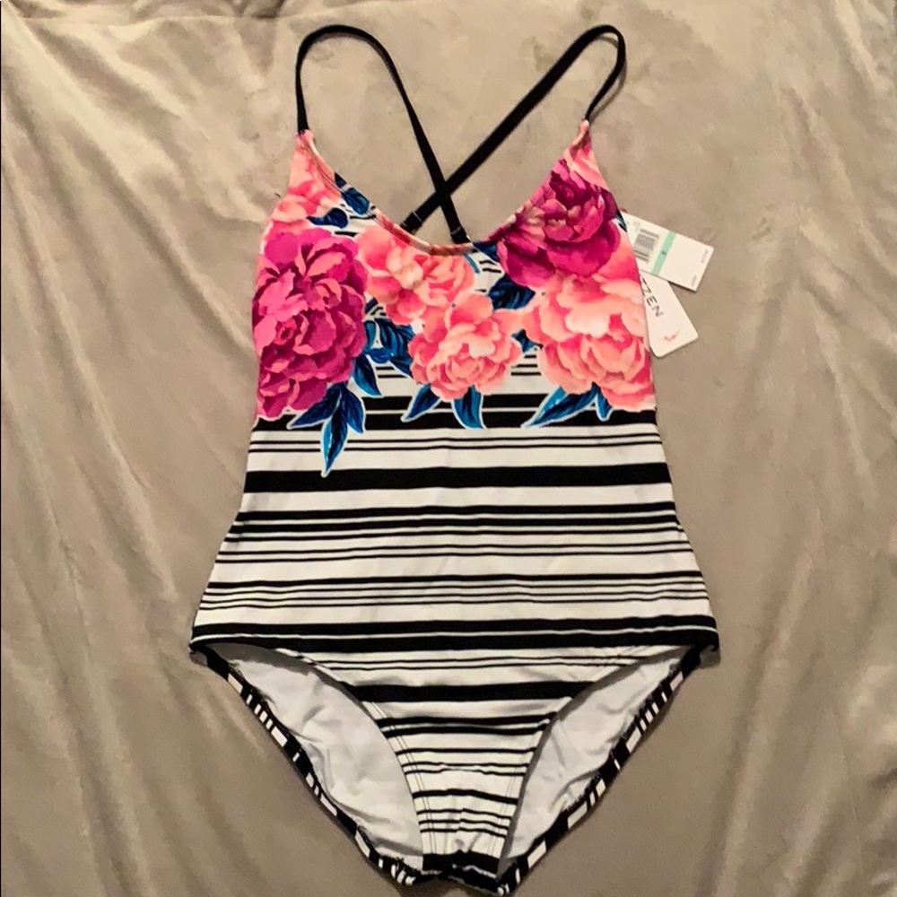 Floral stripe 1pc swimsuit